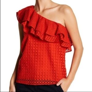 J Crew Red One Shoulder Off Shoulder Ruffle Eyelet Lace Top NWT